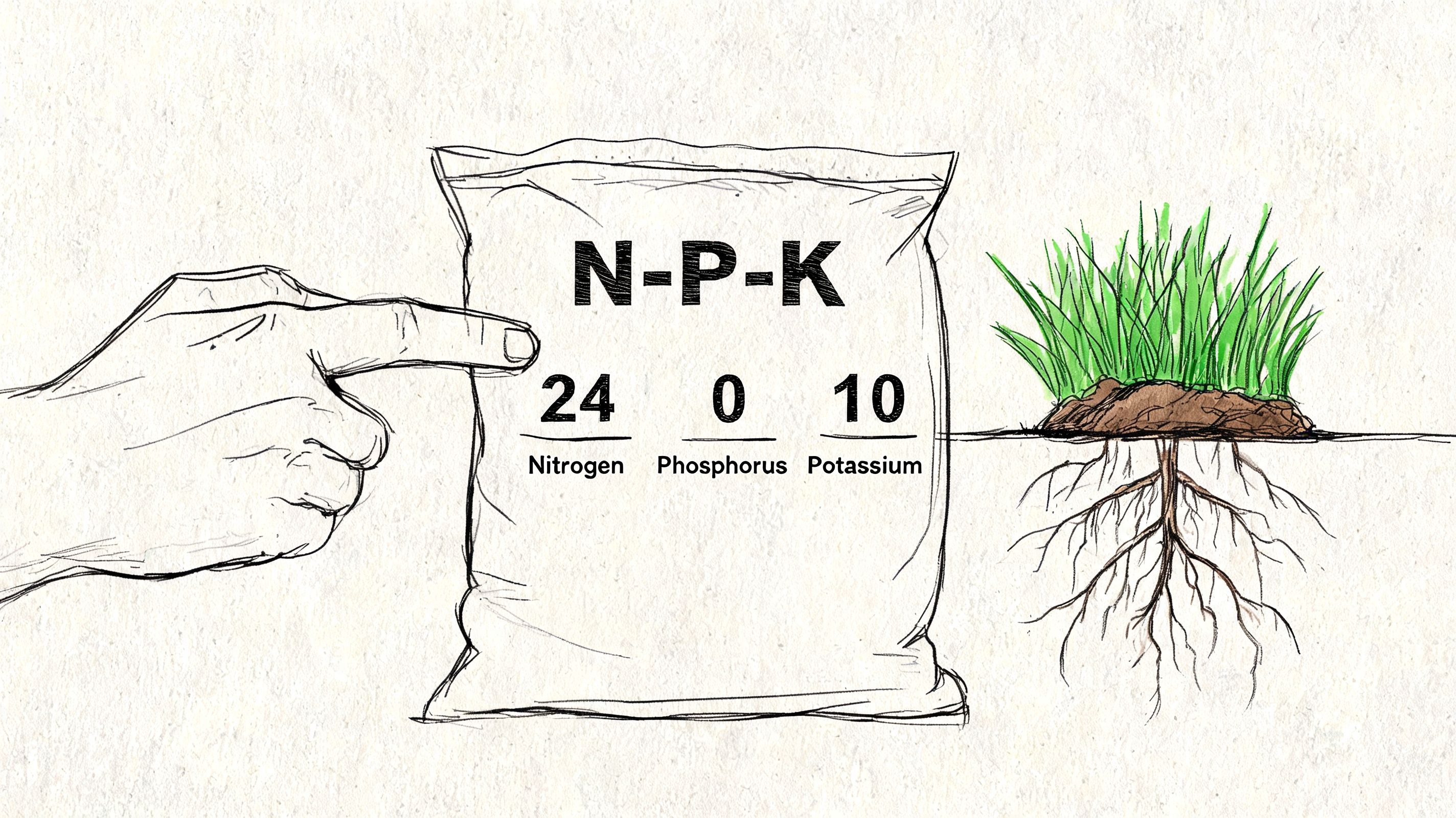 A hand points to a fertilizer bag labeled with NPK 24-0-10 next to a drawing of grass.
