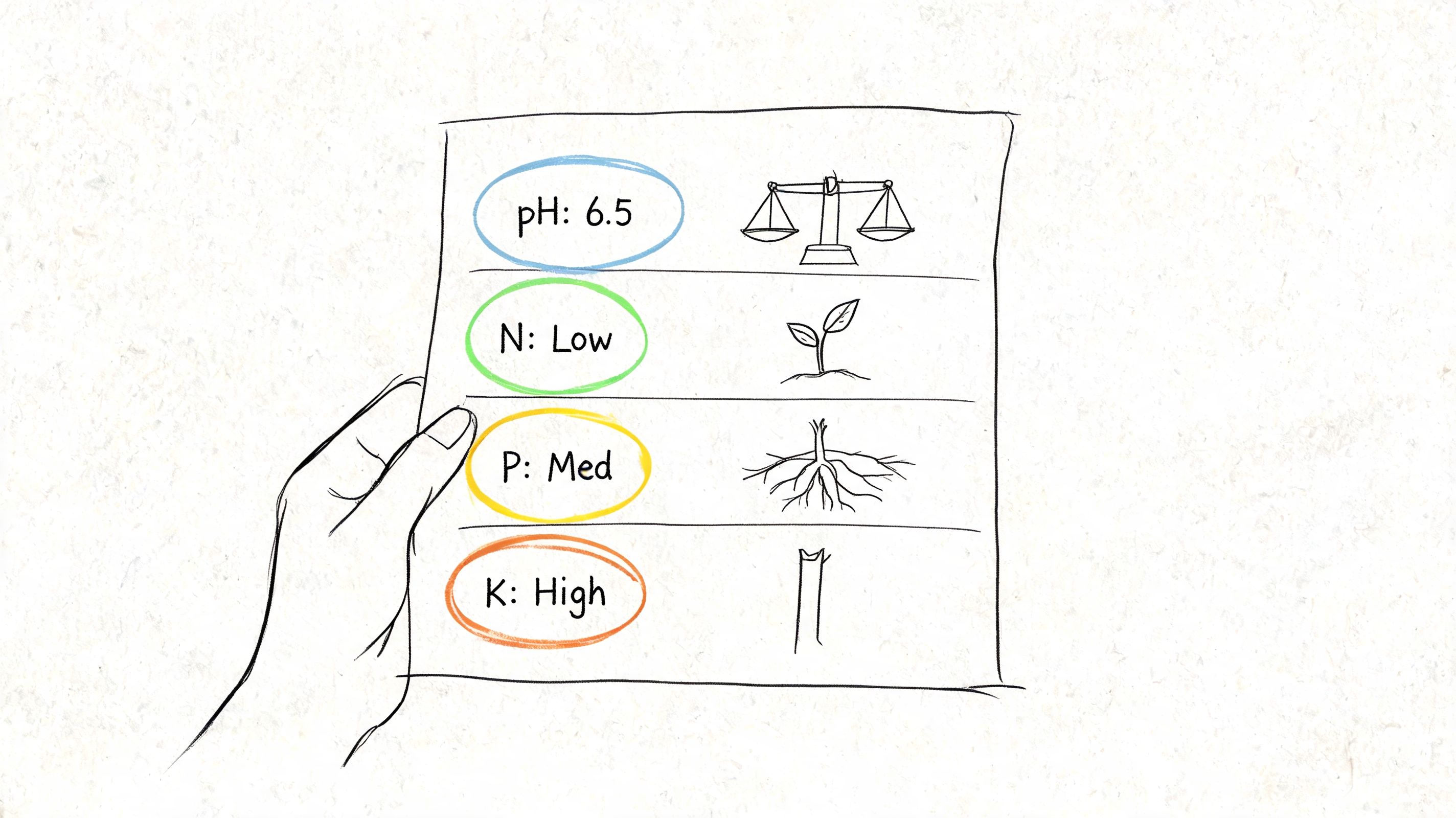 A hand holding a chart showing soil nutrient levels for nitrogen, phosphorus, potassium, and pH balance.
