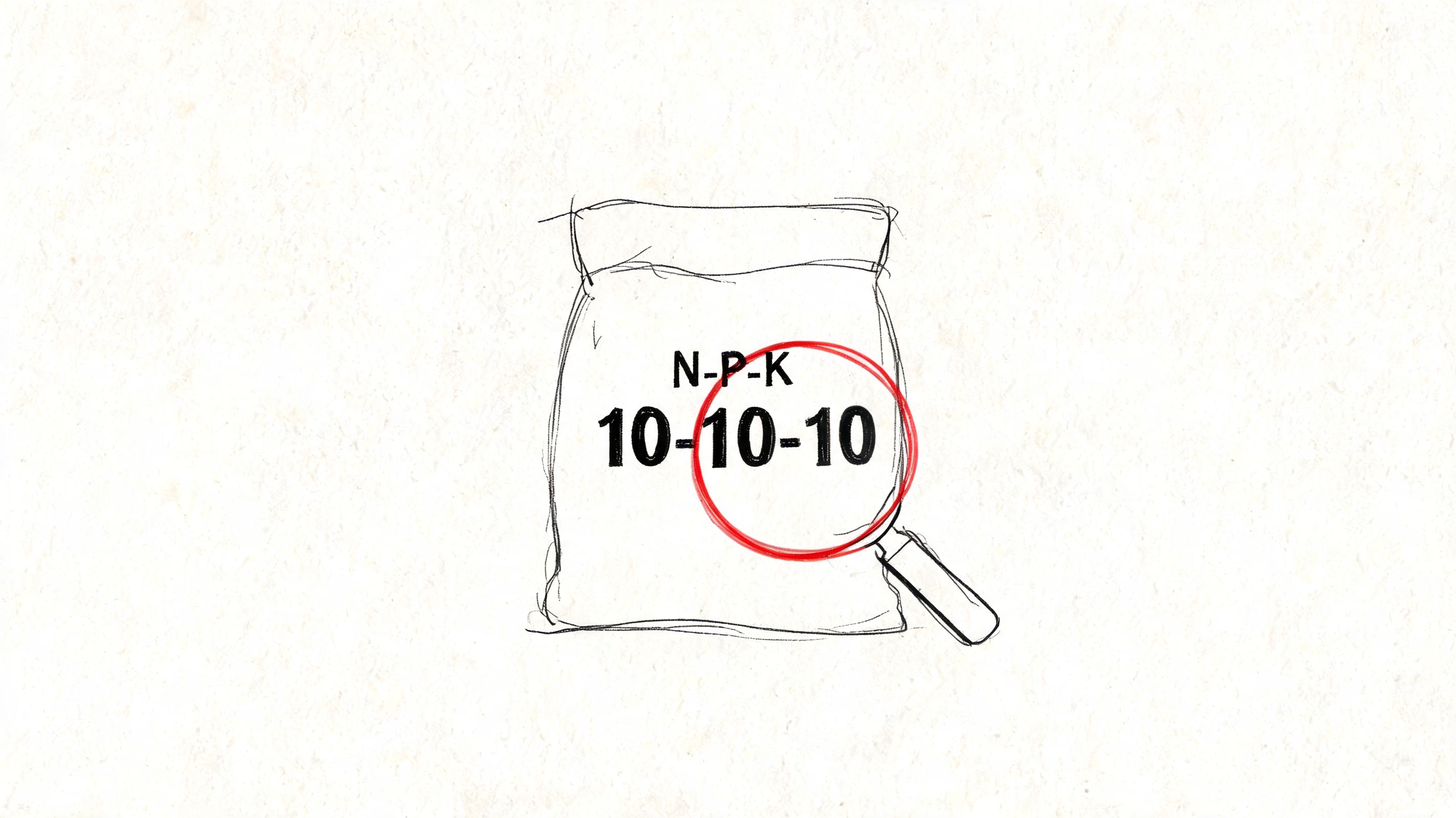 A hand-drawn illustration of a fertilizer bag labeled N-P-K 10-10-10 being inspected with a magnifying glass.