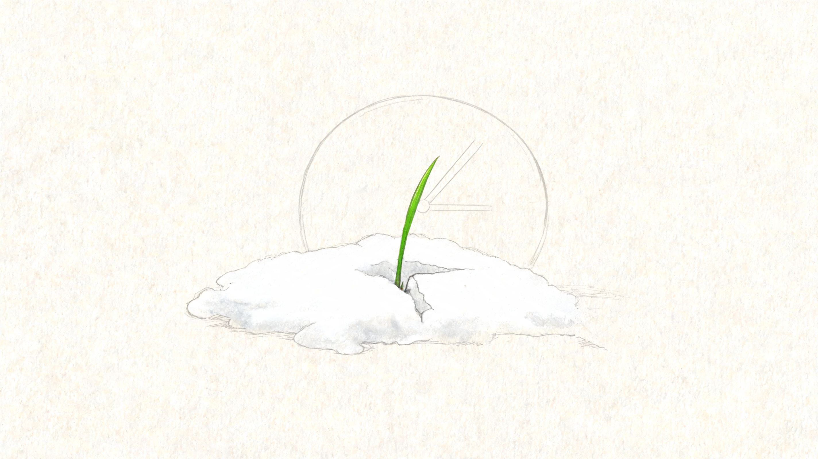 A single green blade of grass sprouting through a white snowdrift with a faint clock outline behind.