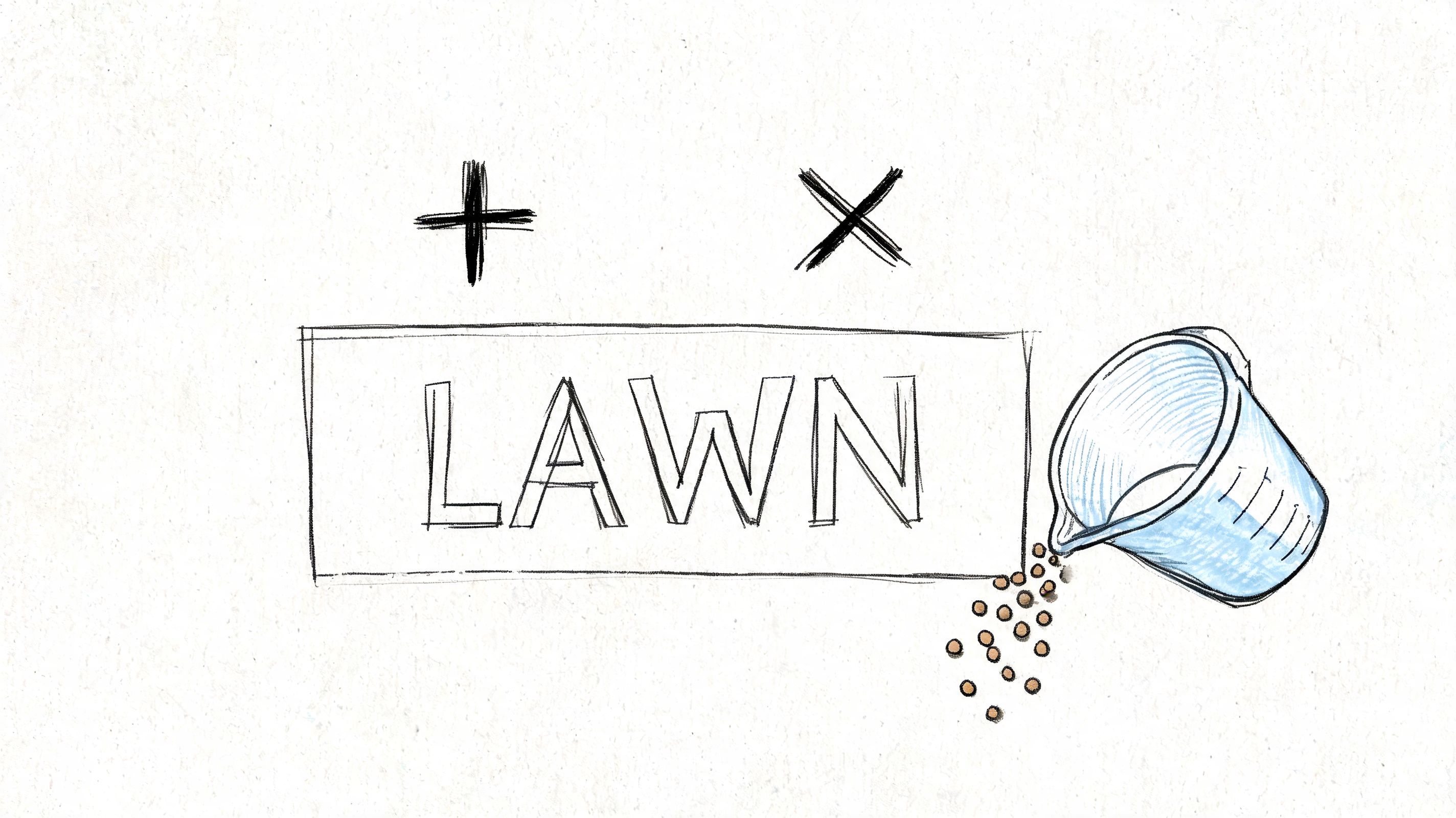A hand-drawn illustration showing the word lawn with math symbols and a measuring cup spilling seeds.