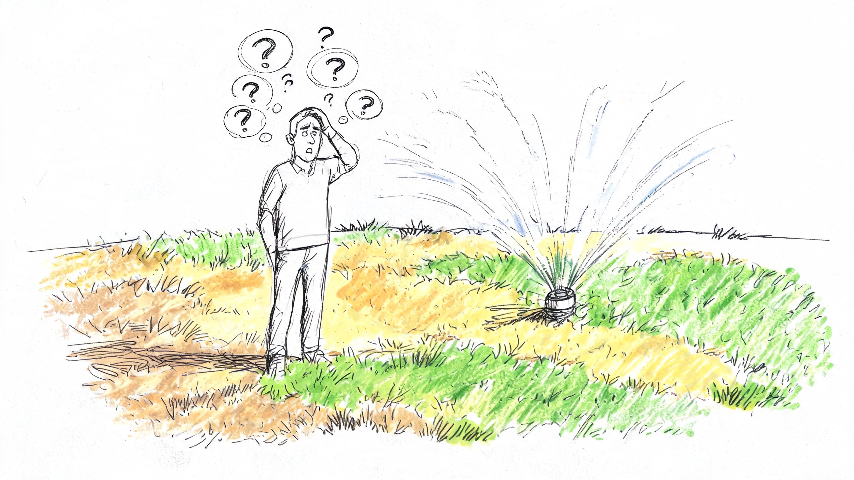 A confused person standing in a lawn looking at a garden sprinkler with floating question marks.
