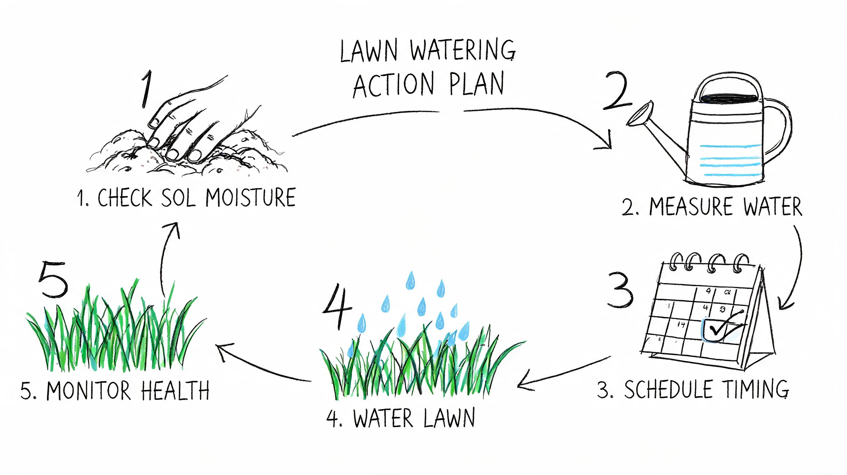 A hand-drawn illustration showing a five-step circular action plan for effective lawn watering and maintenance.