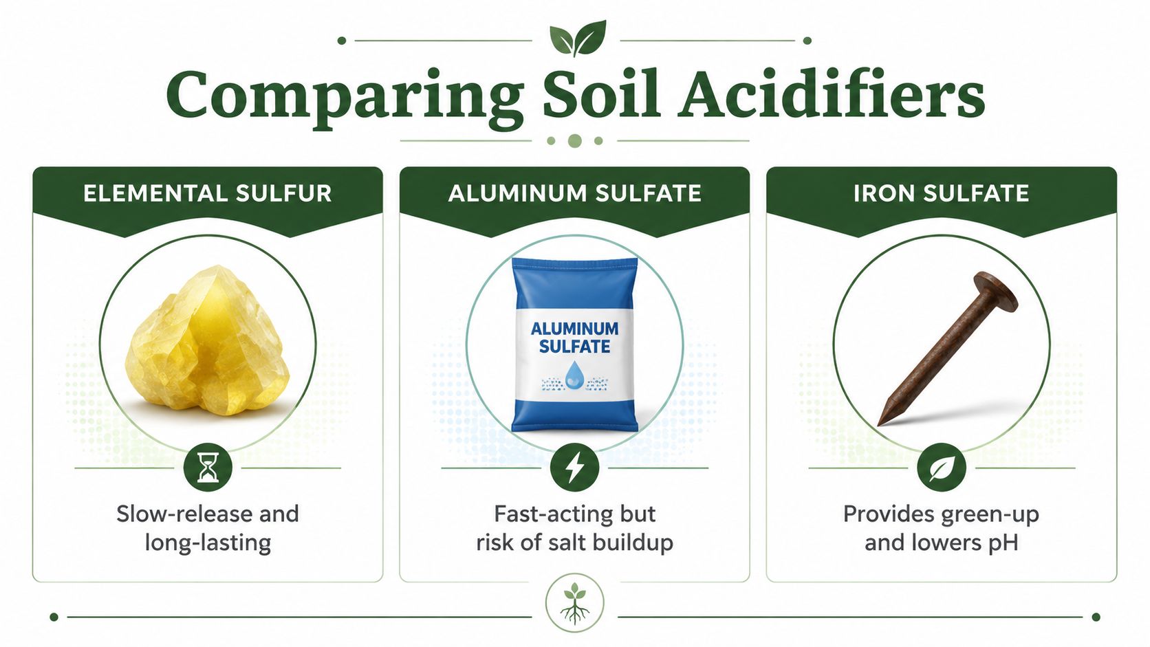 A comparison chart showing three common soil acidifiers: elemental sulfur, aluminum sulfate, and iron sulfate for gardening.