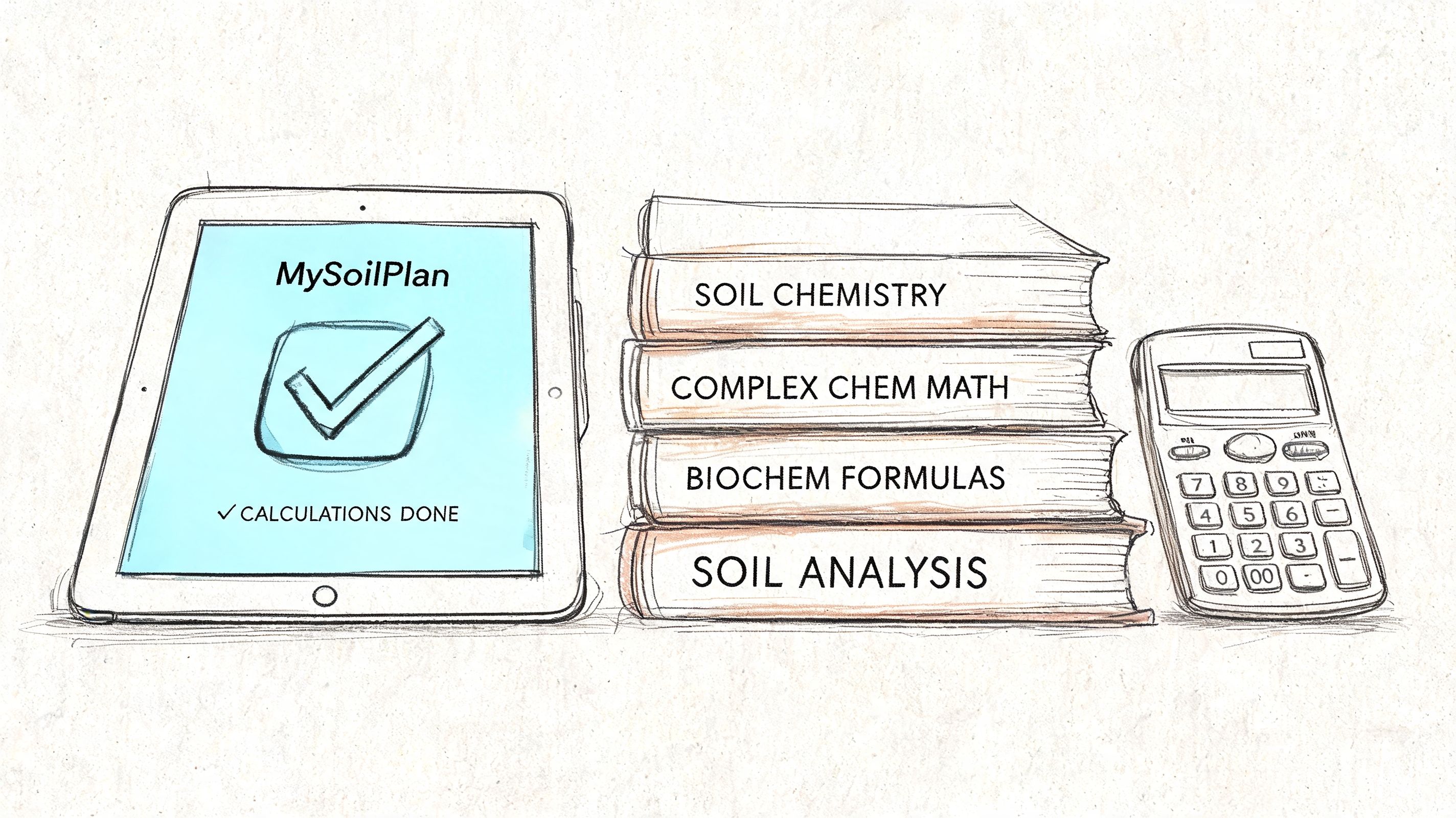 A tablet, stack of chemistry books, and a calculator representing agricultural soil analysis and nutrient planning.