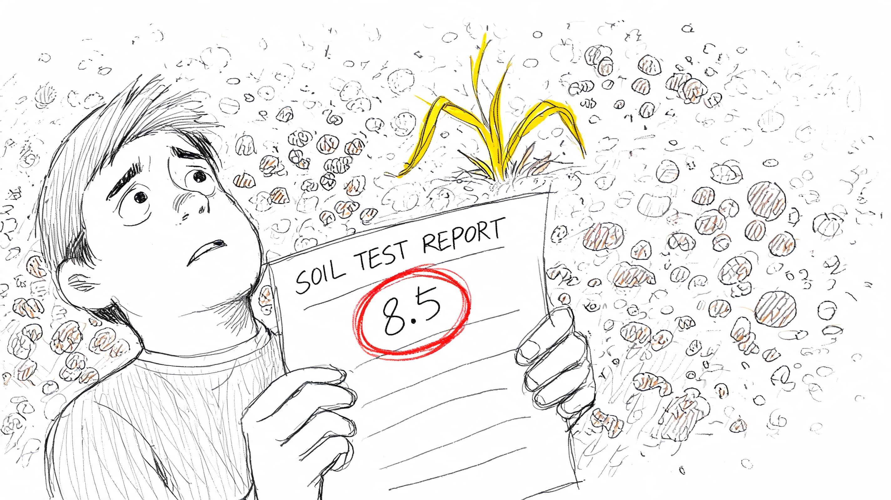 A concerned person holding a soil test report showing a high pH level of 8.5 with a yellow plant.