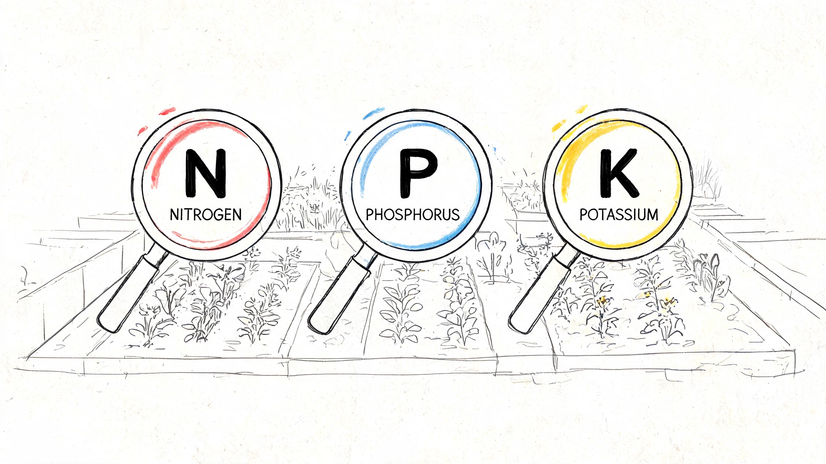 A conceptual illustration of magnifying glasses over garden beds, highlighting nitrogen, phosphorus, and potassium plant nutrients.