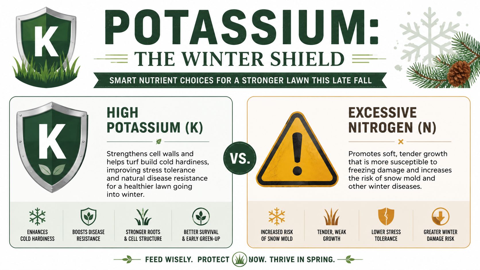 An infographic comparing high potassium fertilizer for winter lawn care versus excessive nitrogen fertilizer usage.