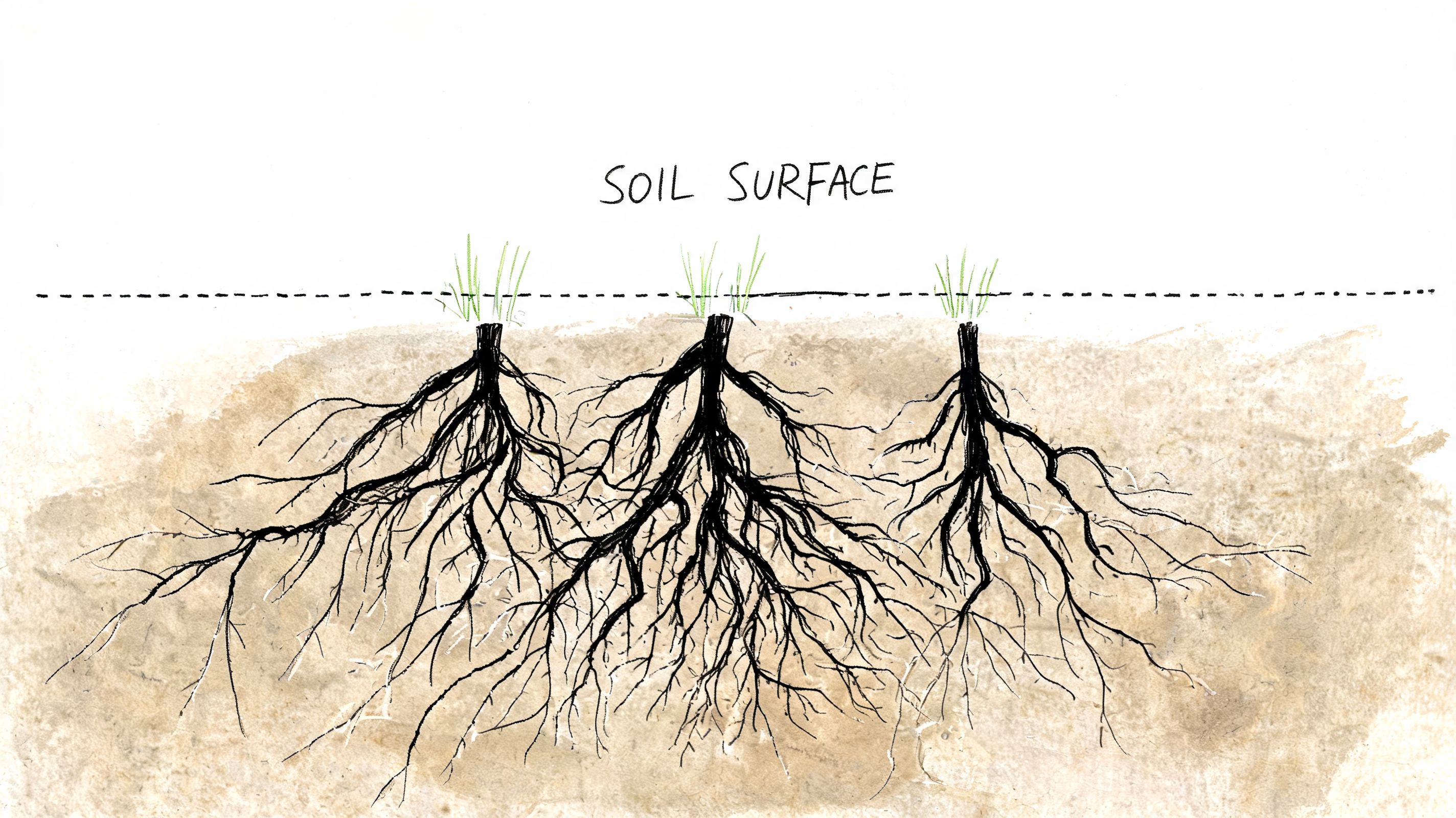 A diagram showing grass plants growing in soil, illustrating root systems beneath the soil surface.