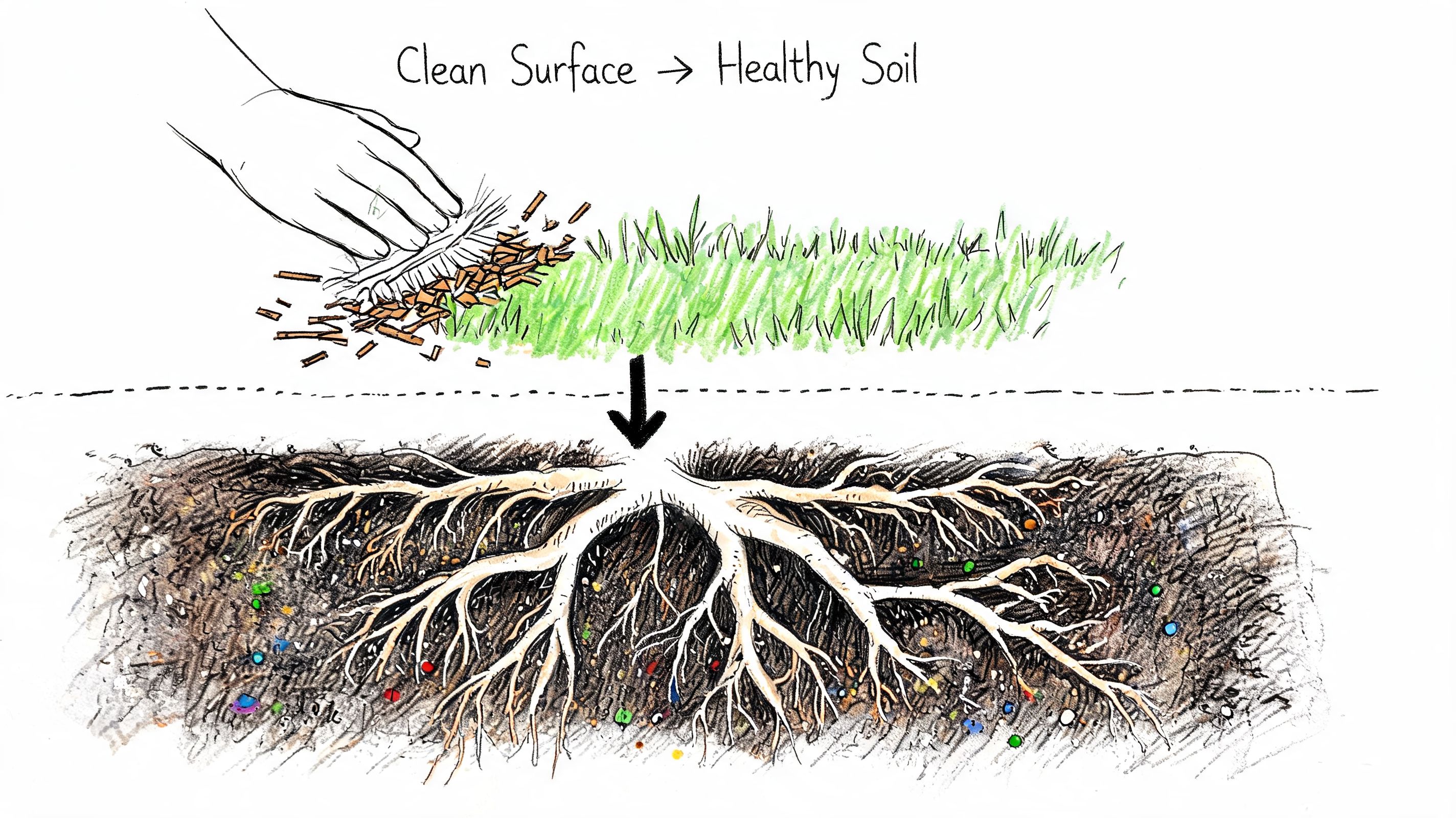 A hand sweeping wood chip debris off a green lawn with roots visible in the soil below.