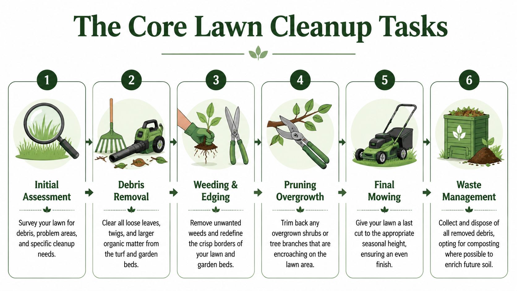 A step-by-step infographic illustrating six essential tasks for performing a thorough lawn cleanup during the seasonal transition.
