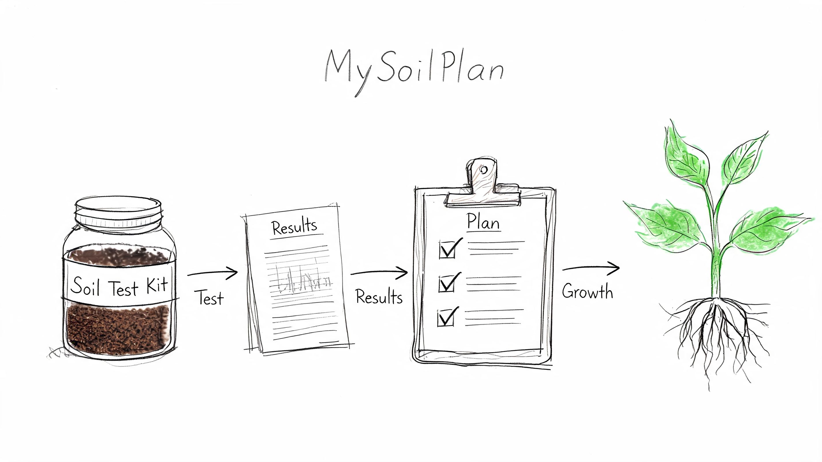 A diagram illustrating the four-step soil testing and gardening process from soil kit to plant growth.