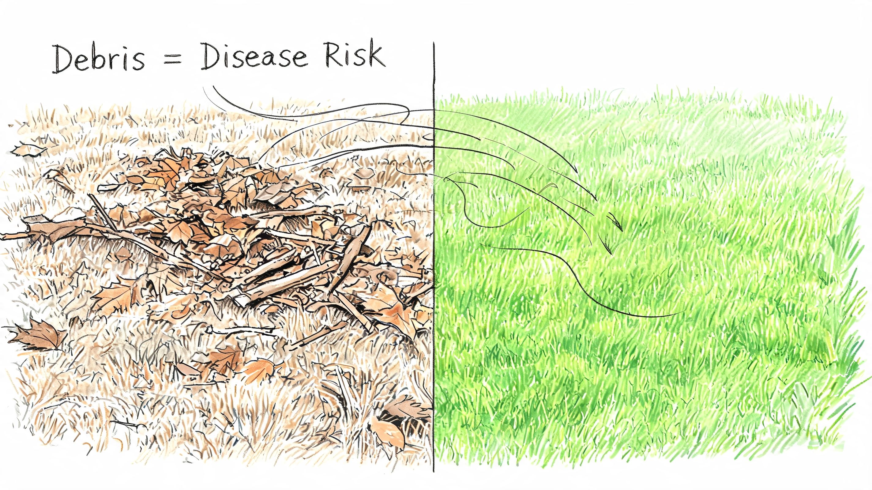 A split illustration comparing a messy yard with debris to a clean, healthy green lawn.