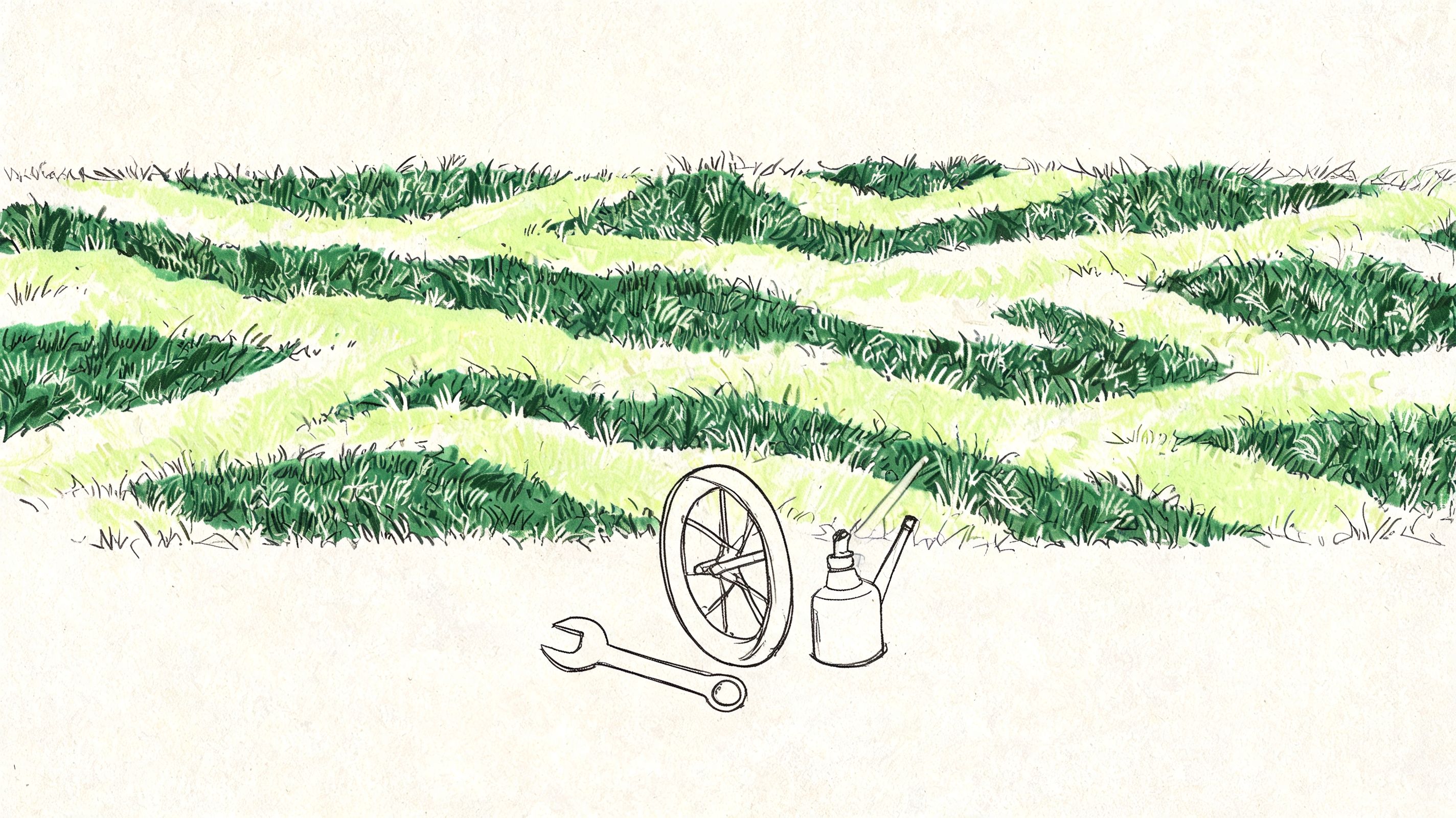 A line drawing of a wrench, a wheel, and an oil can sitting on the grass.