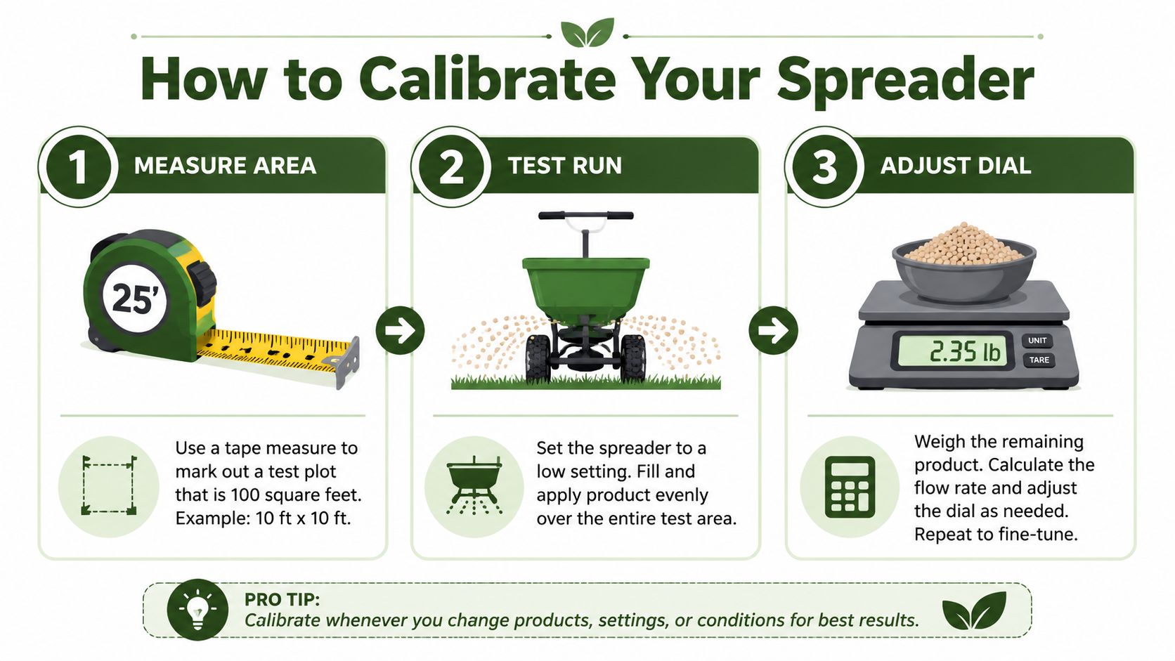 A simple infographic showing three steps to calibrate a lawn fertilizer spreader, from measuring to adjusting.