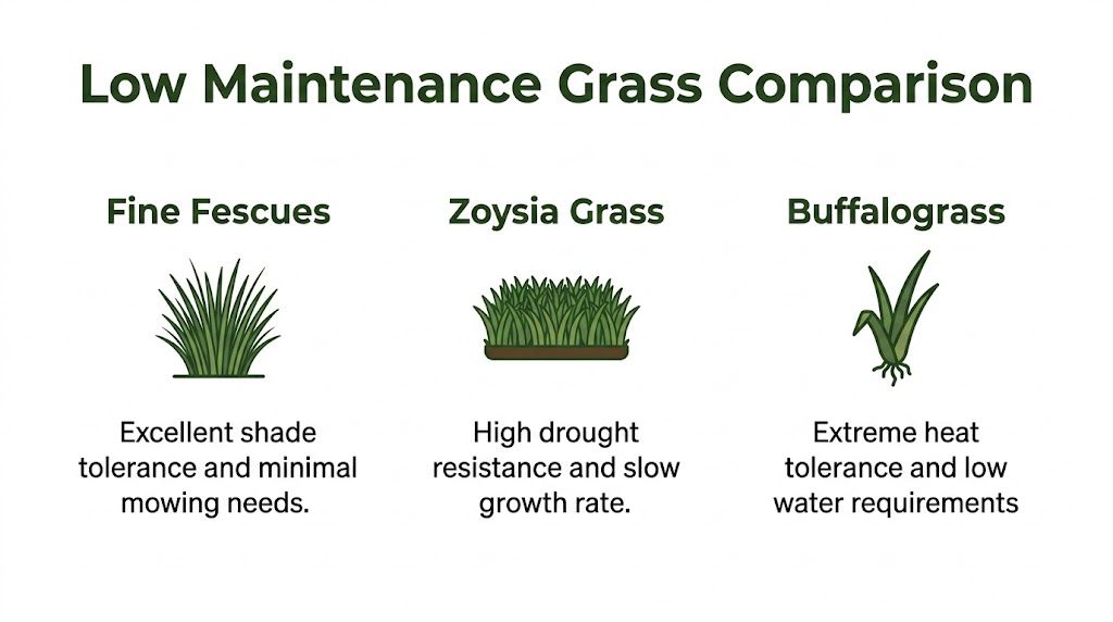 A comparison chart showing three types of low maintenance grasses: Fine Fescues, Zoysia Grass, and Buffalograss.