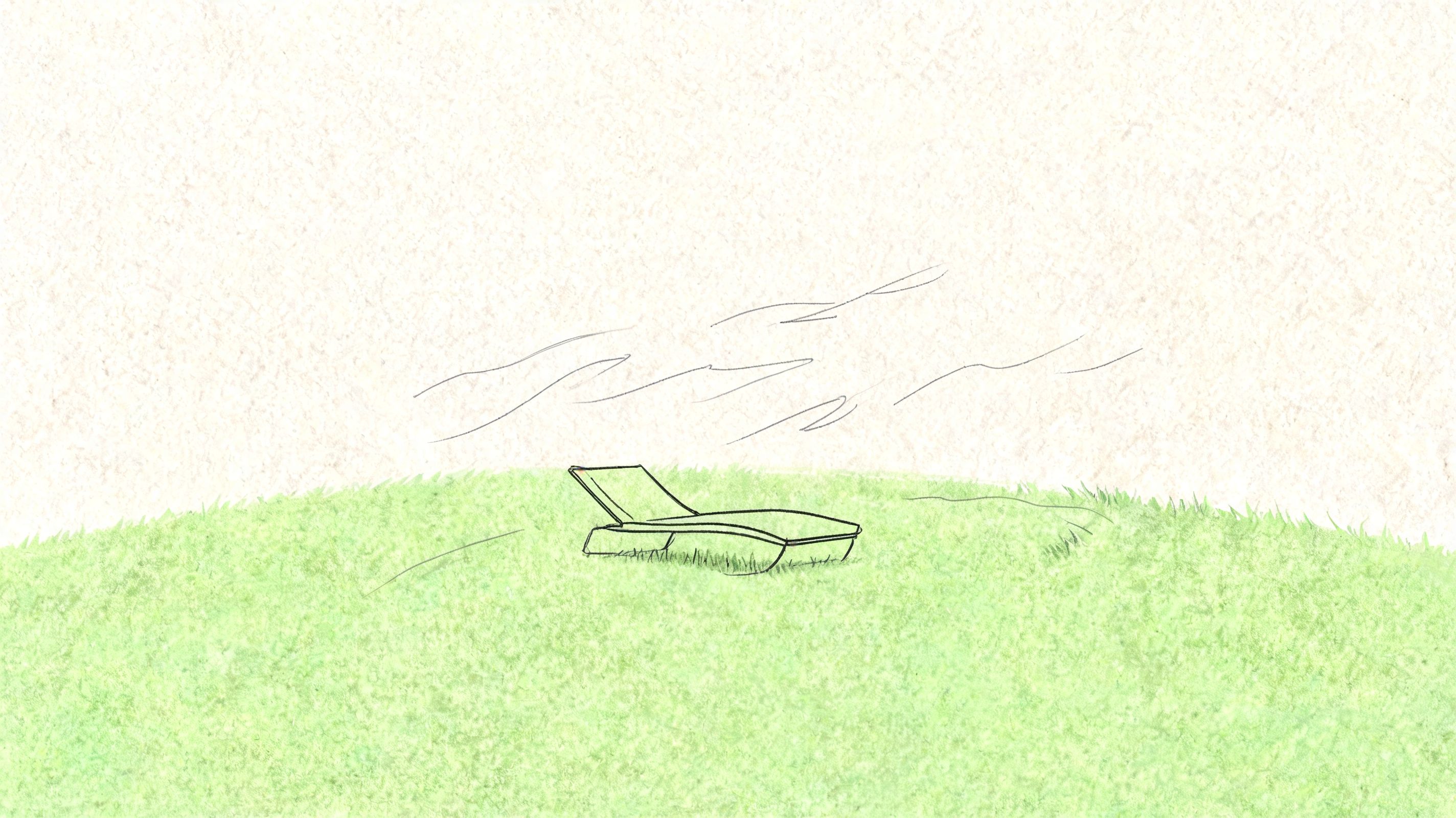 A simple sketch of a lonely lounge chair sitting on a soft, green grassy hill under sky.