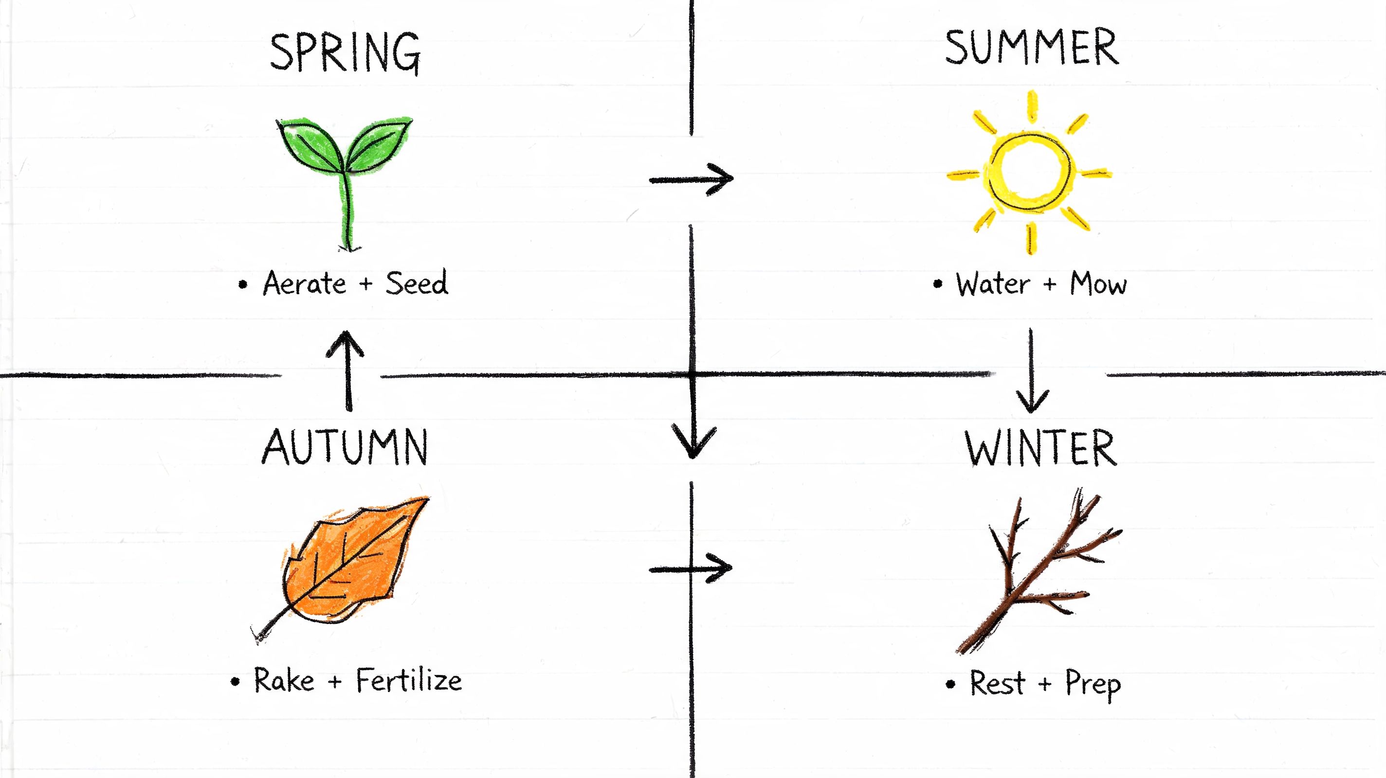 A diagram illustrating a seasonal lawn care cycle with tasks for spring, summer, autumn, and winter.