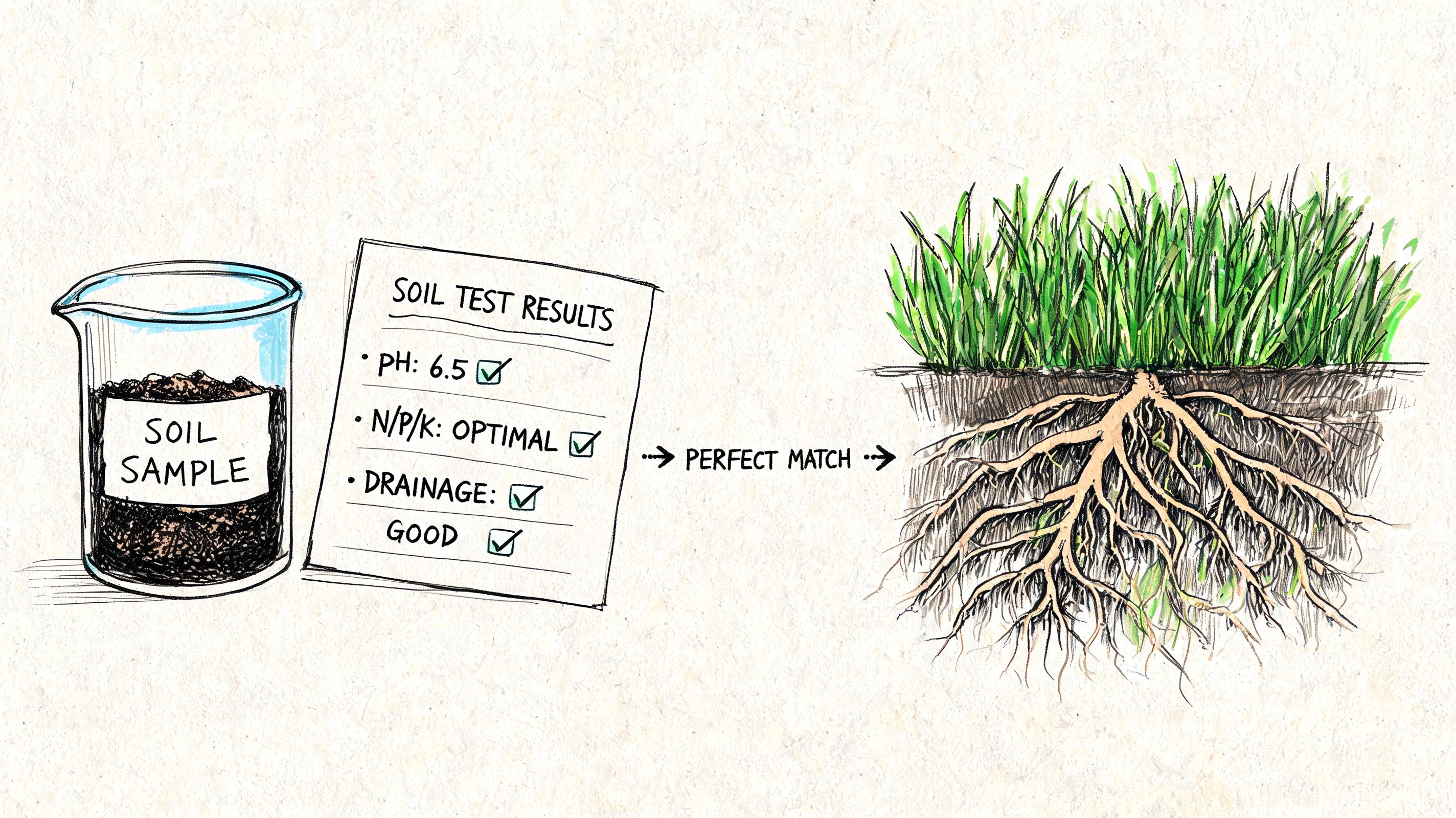 A soil sample test showing optimal pH and nutrient levels matching the requirements for healthy green grass growth.