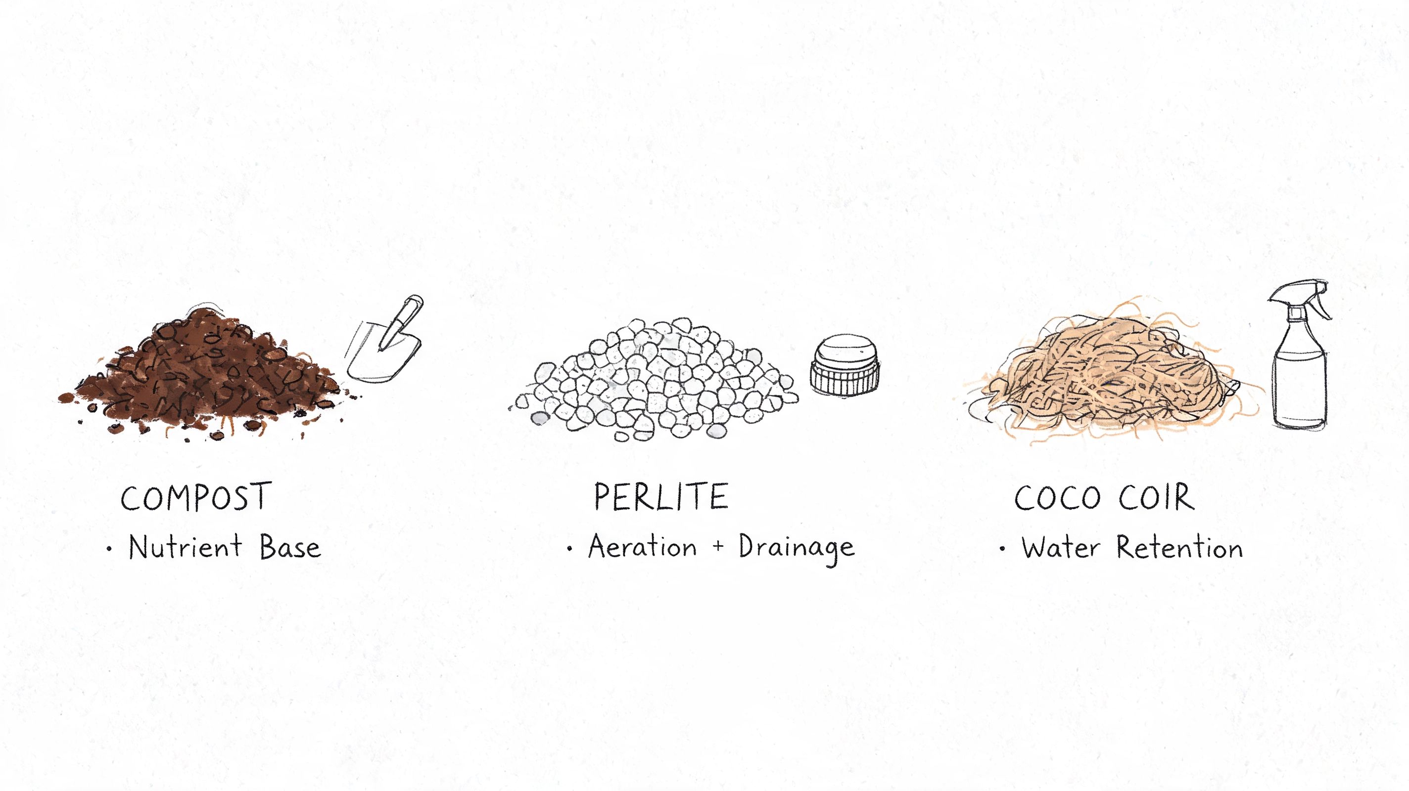 An illustration showing three components of organic potting mix: compost, perlite, and coco coir with their functions.
