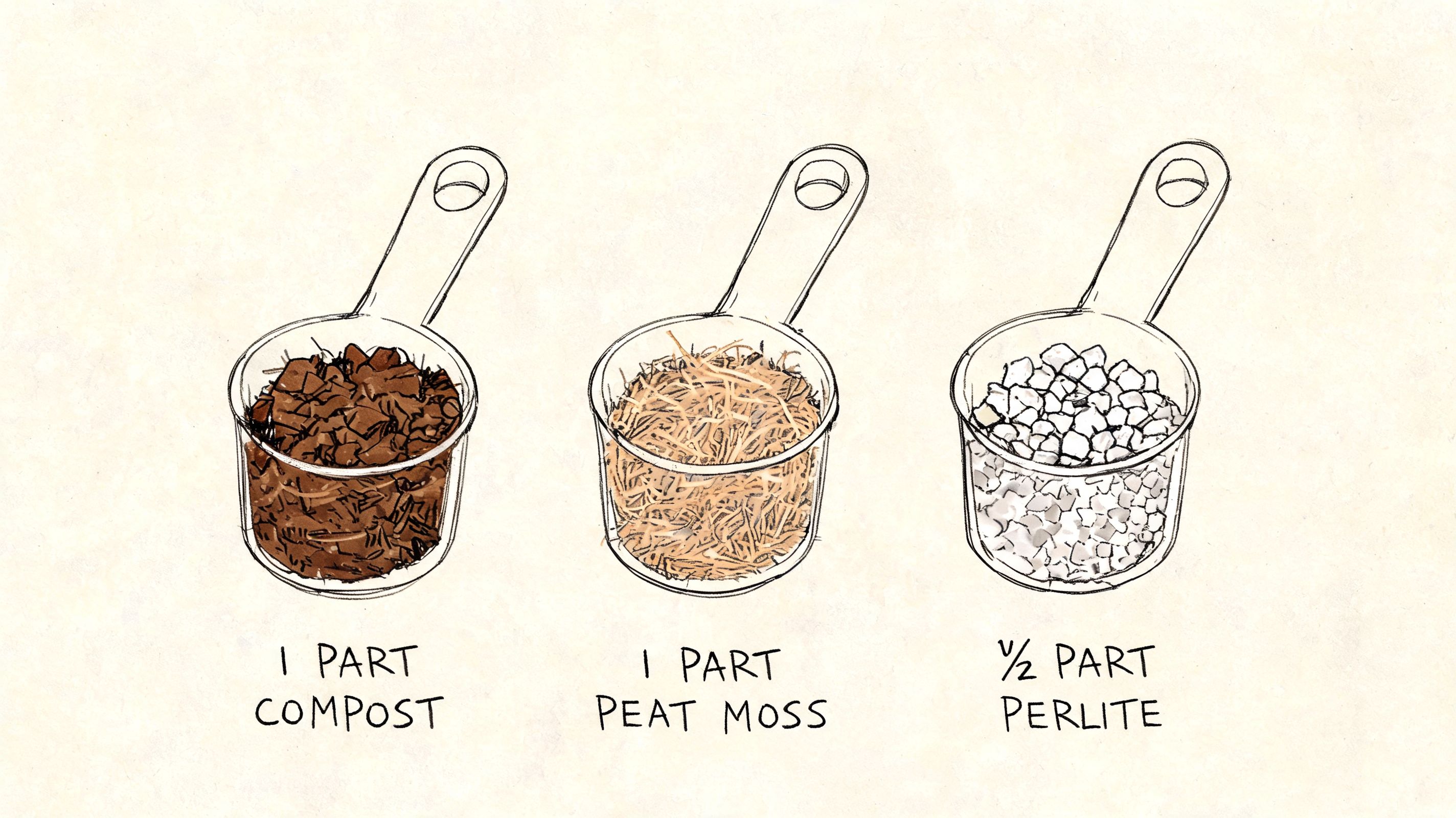 A diagram illustrating the recipe for an organic potting mix soil with compost, peat moss, and perlite.