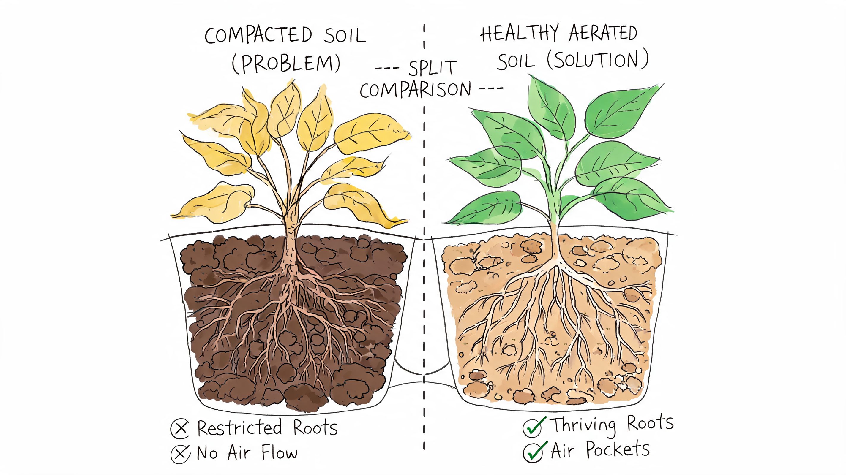 A split comparison diagram showing a plant in compacted soil versus a plant in healthy aerated soil.