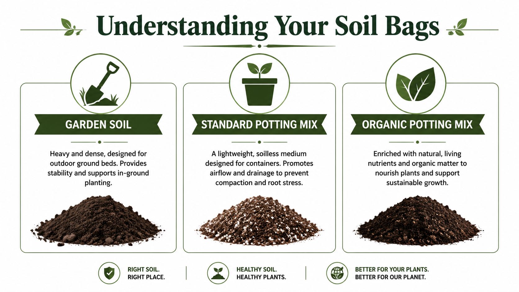 A comparison infographic explaining the differences between garden soil, standard potting mix, and organic potting mix.