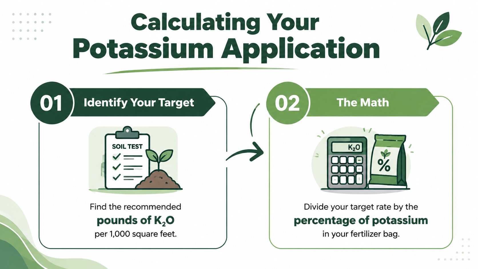 An infographic showing the two-step process for calculating potassium fertilizer application rates for lawn care.