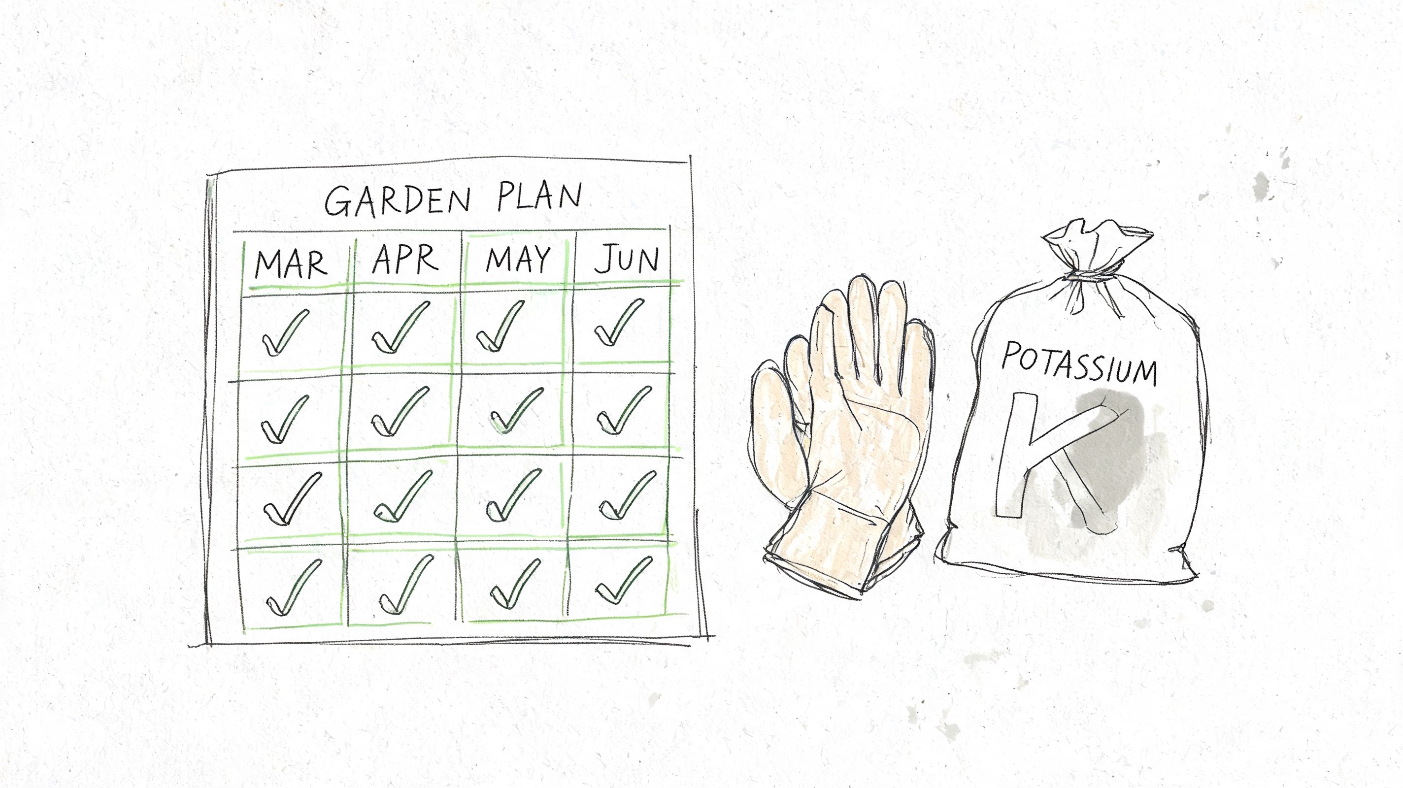 A hand-drawn illustration showing a garden plan calendar with checkmarks next to gardening gloves and potassium fertilizer.