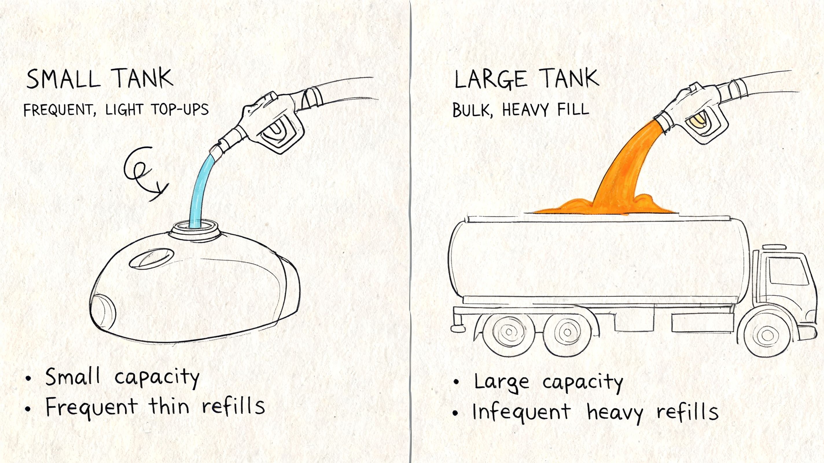 A diagram comparing a small tank with frequent light refills to a large tank with infrequent heavy refills.