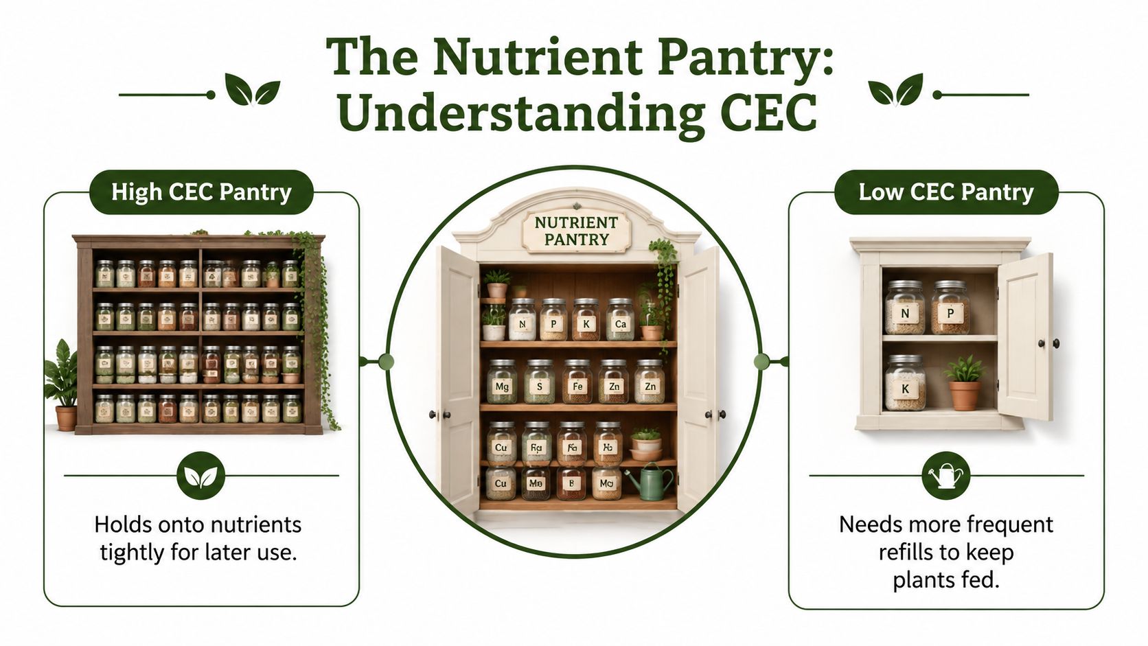 A visual comparison showing a large pantry representing high soil CEC and a small pantry for low CEC.