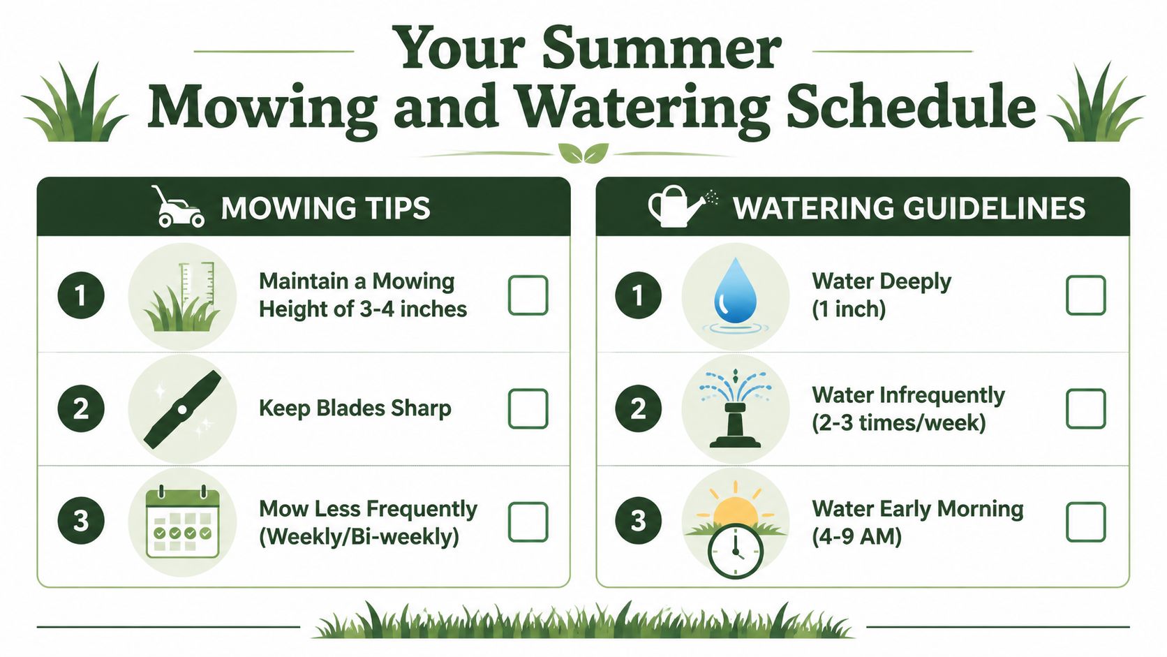 An infographic titled Your Summer Mowing and Watering Schedule providing tips for lawn maintenance.