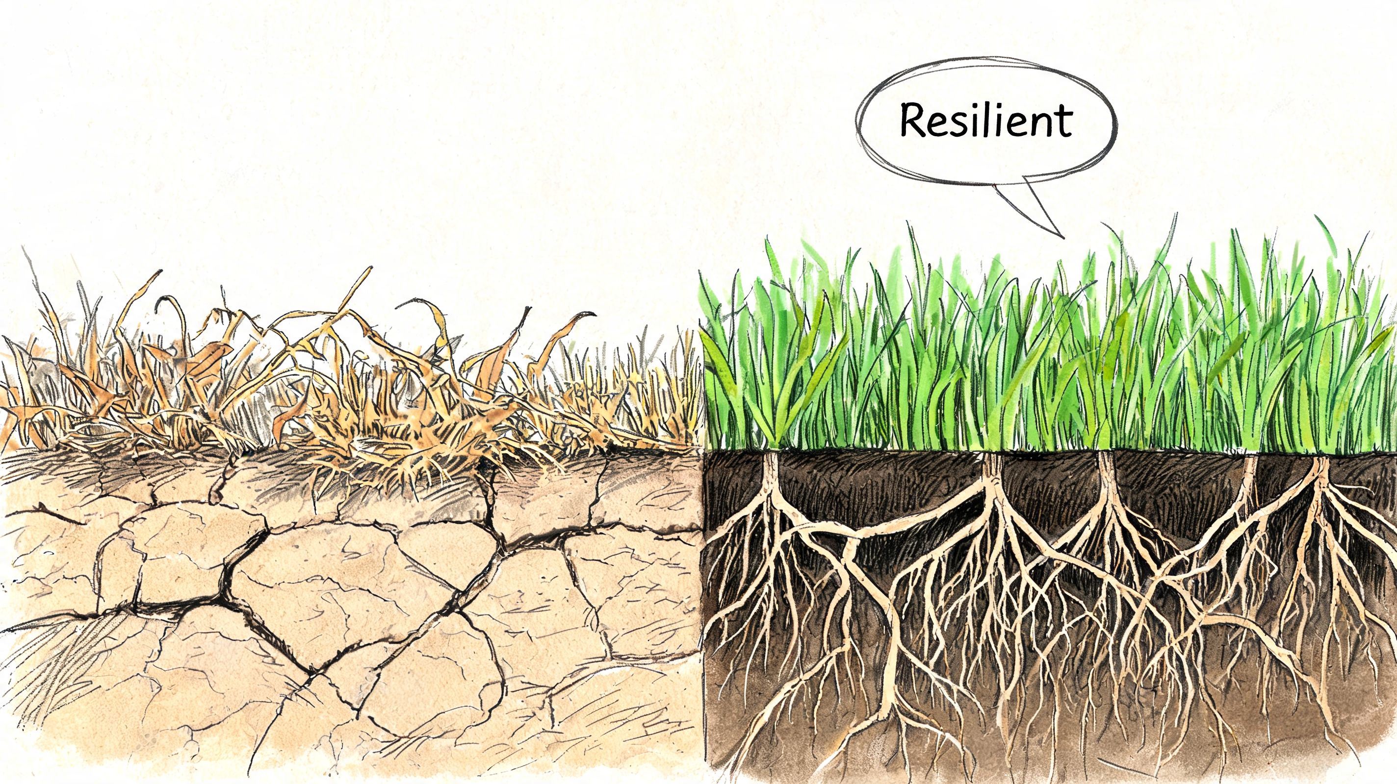 A split illustration comparing dry, dead grass in cracked soil with healthy, lush green grass with roots.