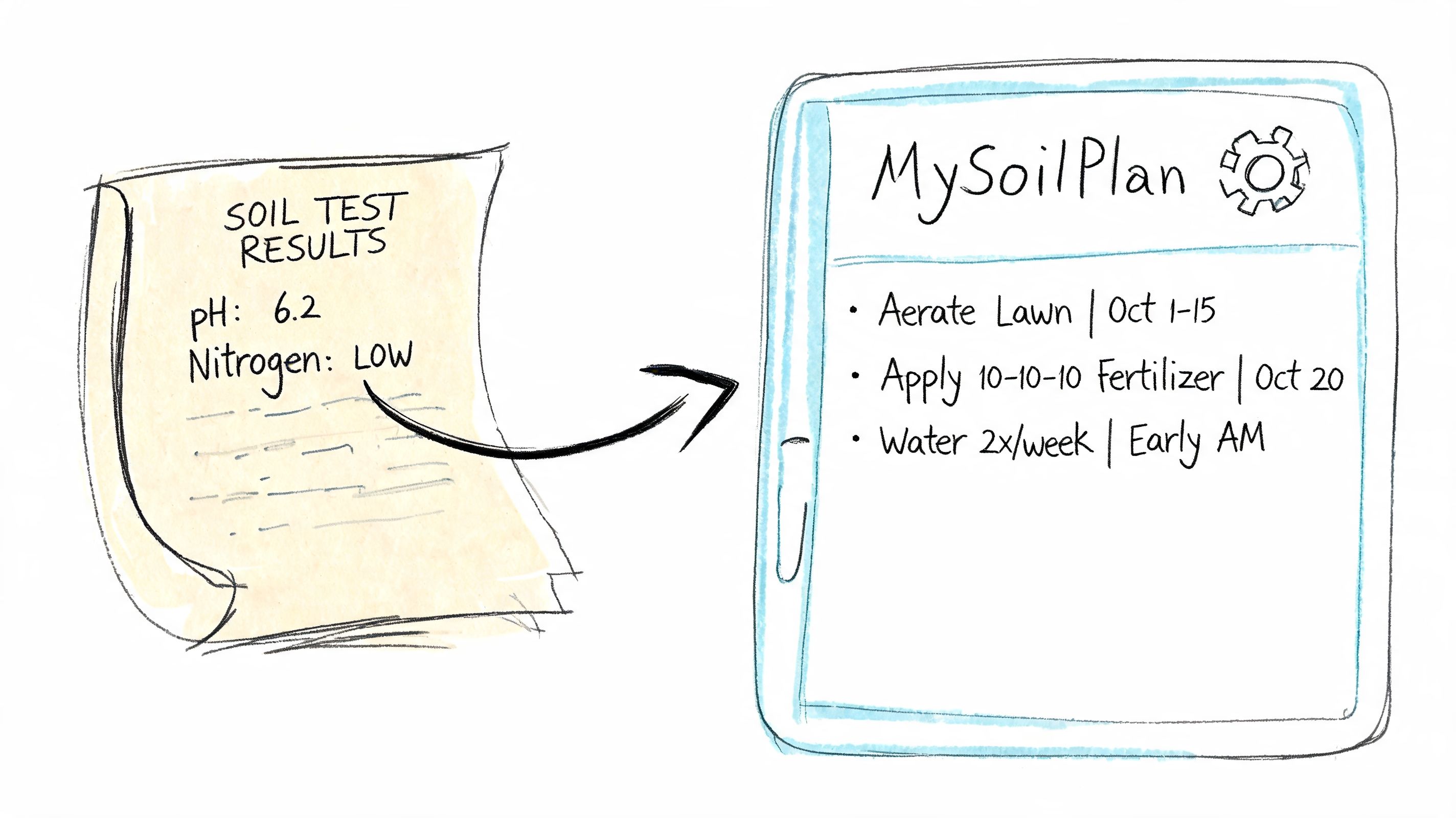 A hand-drawn illustration showing soil test results pointing towards a personalized lawn care plan.
