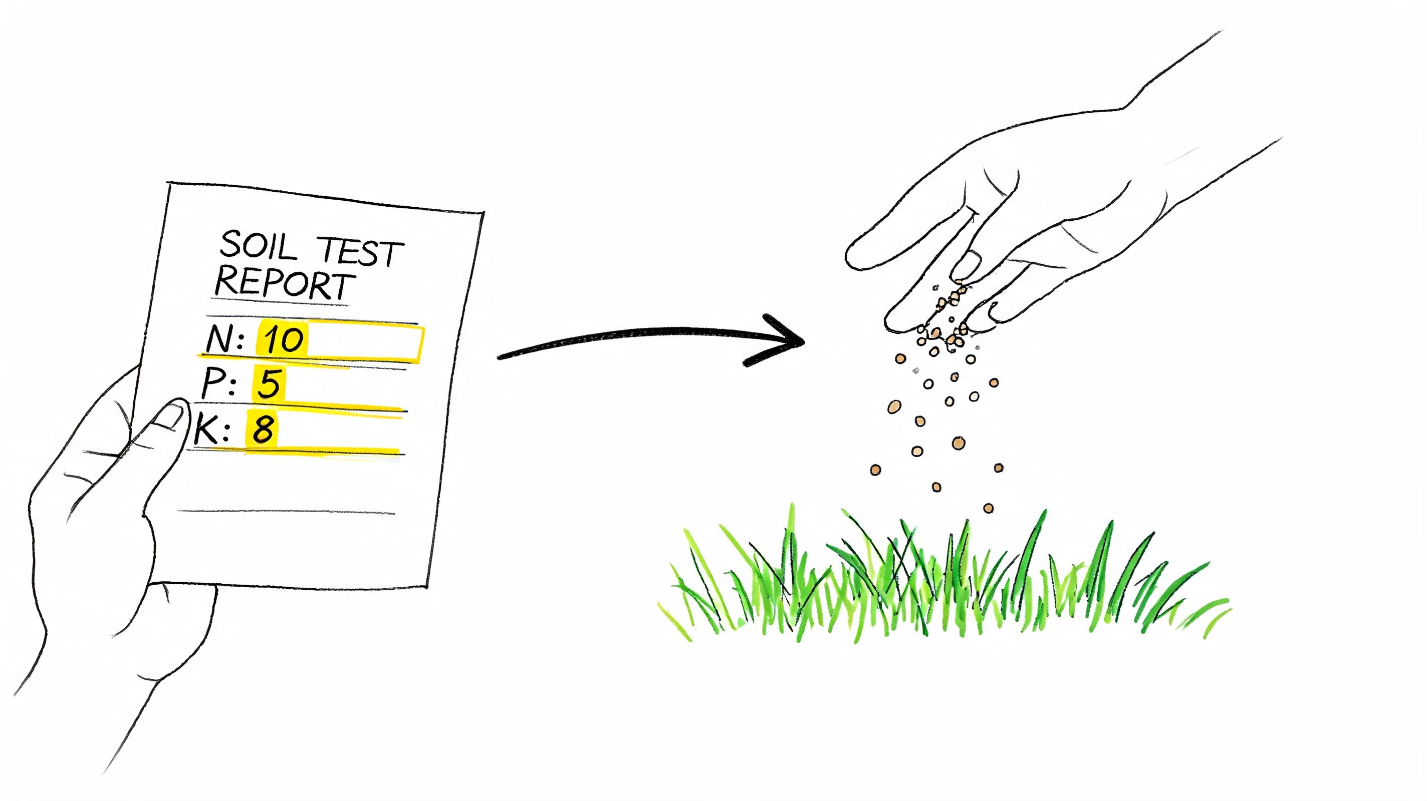 A hand holding a soil test report with nutrient levels and another hand spreading fertilizer on grass.